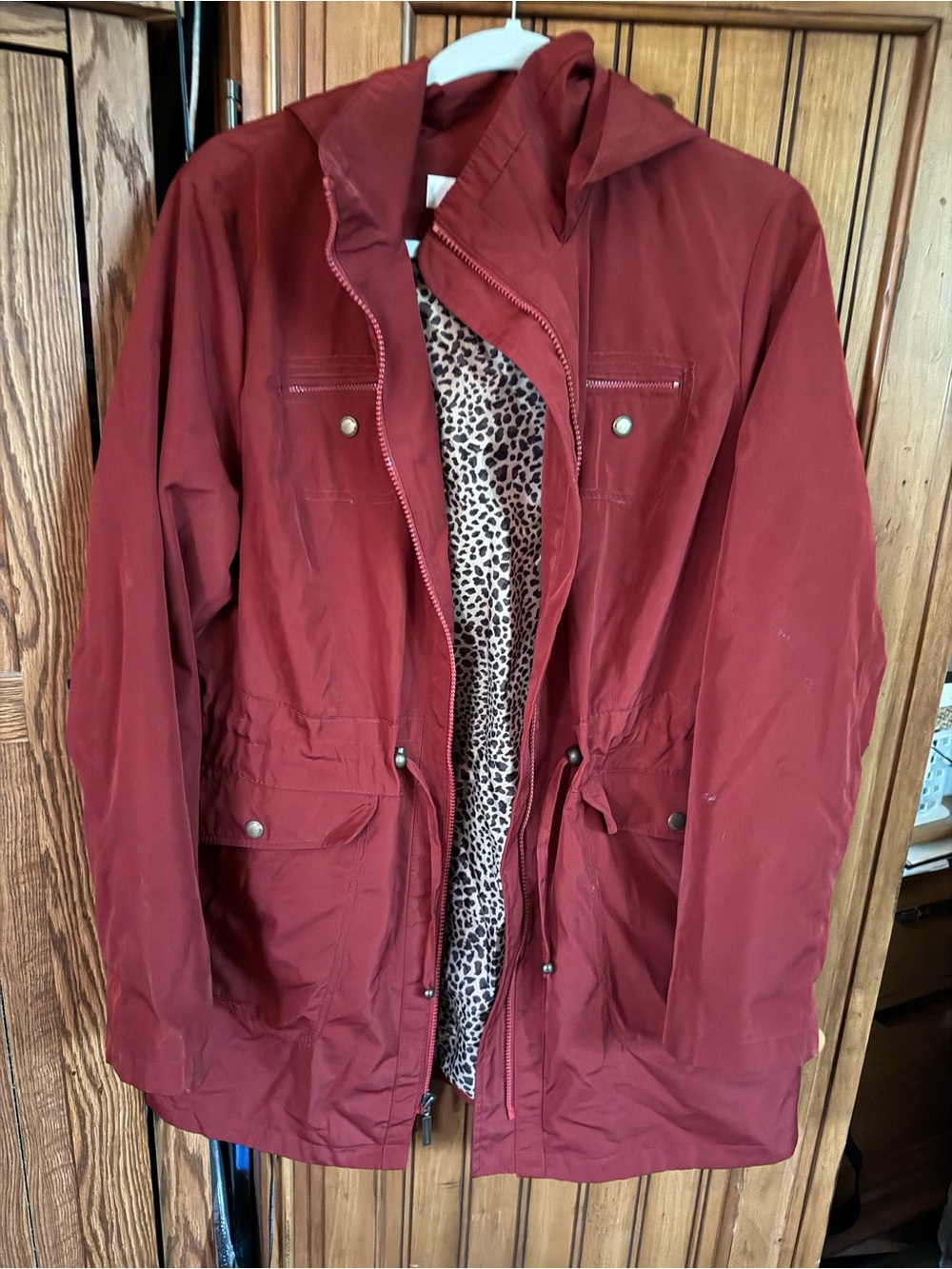 Liz Claiborne Rust Red Hooded Utility Jacket with Leopard Lining